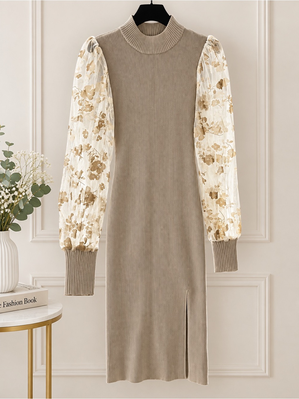 Mock Neck Knit Dress with Floral Puff Sleeves - Taupe